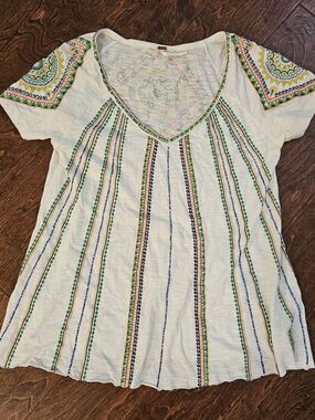 Free People Short Sleeve V-Neck Top with Green, Blue & Orange Details